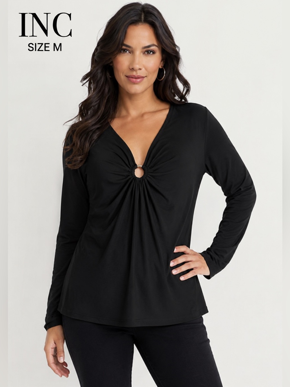 INC women Black Ruched Blouse with V-Neck/size M
